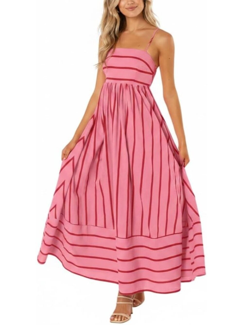 〽️Watermelon Red Vertical Stripe Maxi Sundress Smocked Back Cutout Pockets